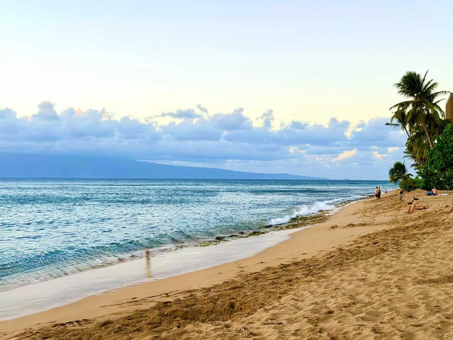 A West Maui beach at golden hour with palm trees and a neighbor island on the horizon